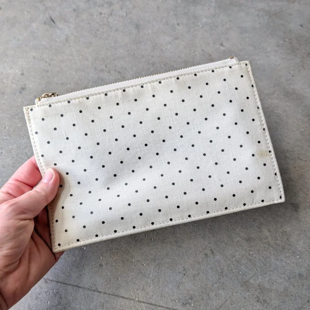 Kate Spade New York Ivory Black Polka Dots Zippered Leatherette Pencil Pouch